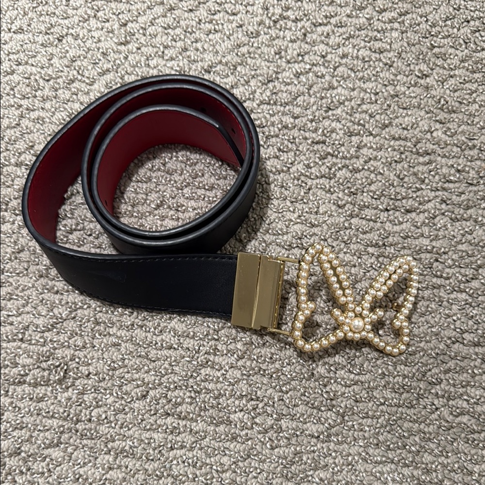Elegant Black Belt with Pearl Minnie Bow Buckle